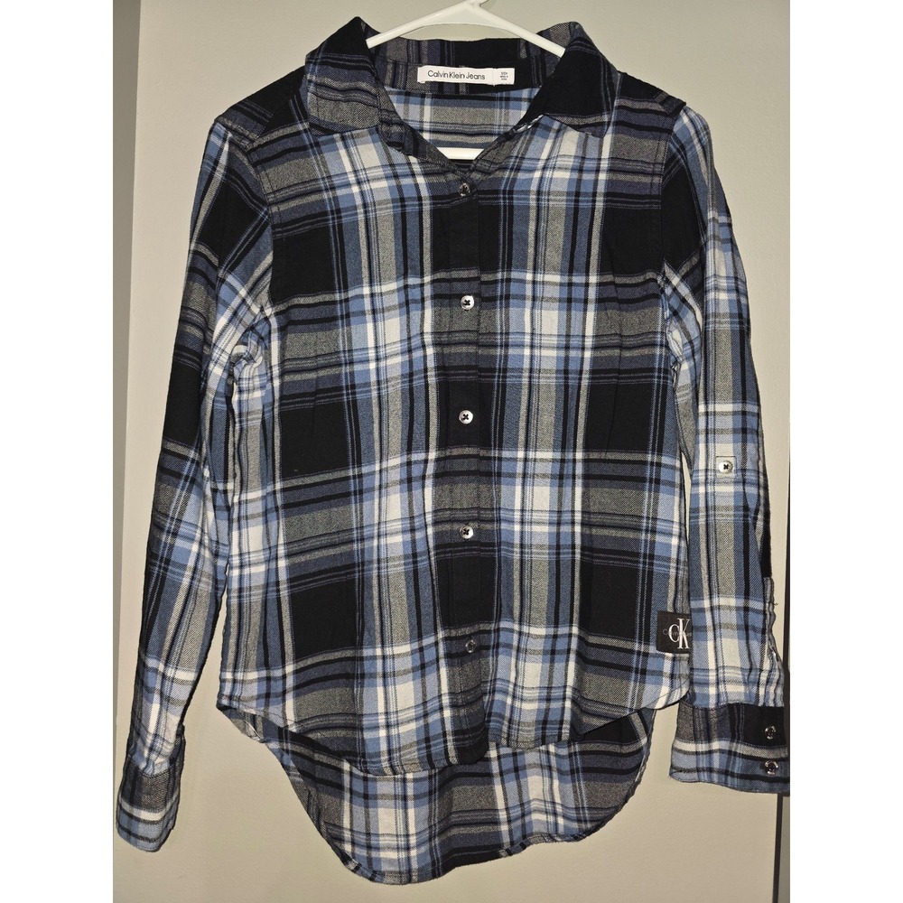 Calvin Klein Jeans Blue Plaid Flannel Button Down Shirt Womens Small Roll Tab